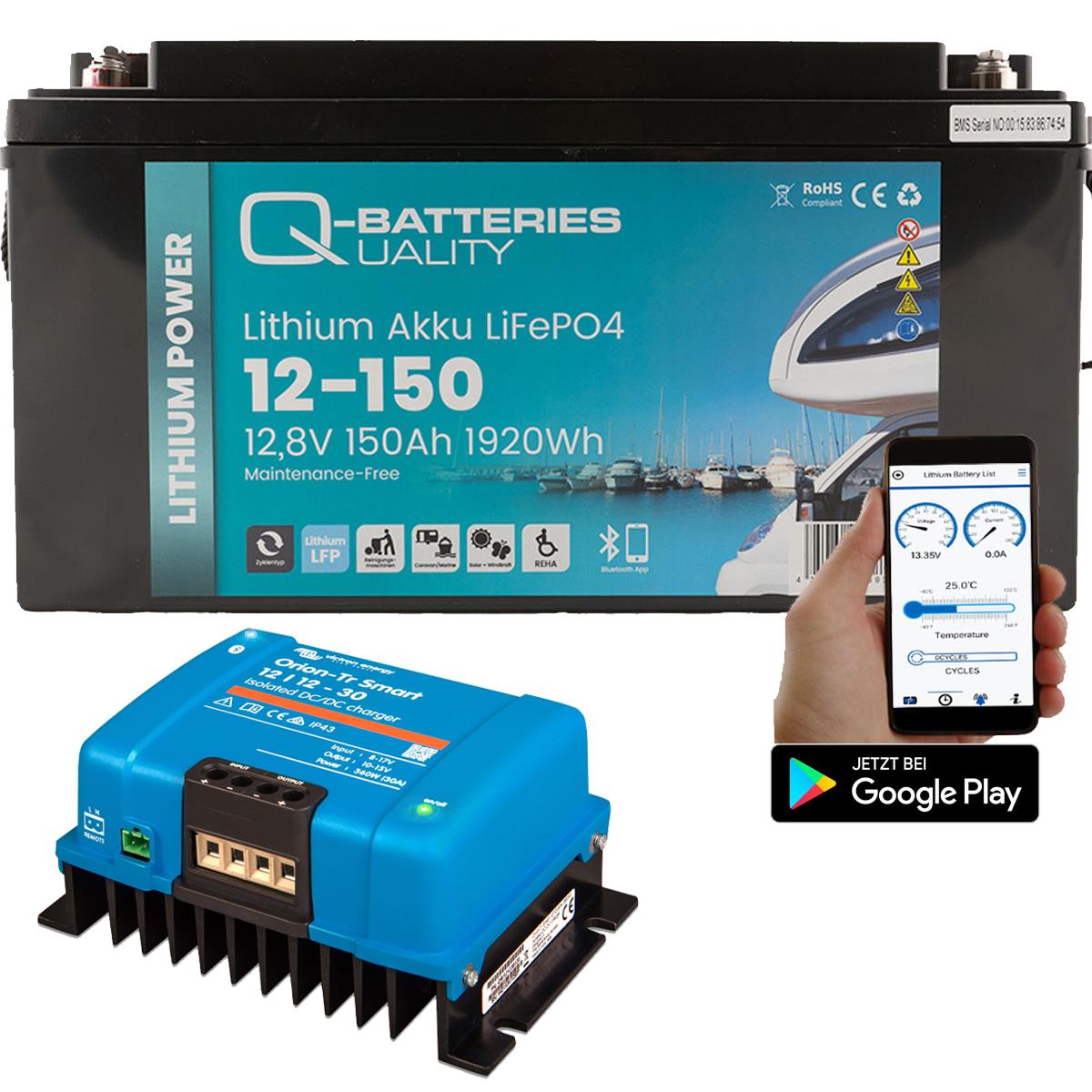 Q-Batteries LiFePO4 12,8V 150 Ah mit Victron Orion-Tr Smart 12/12